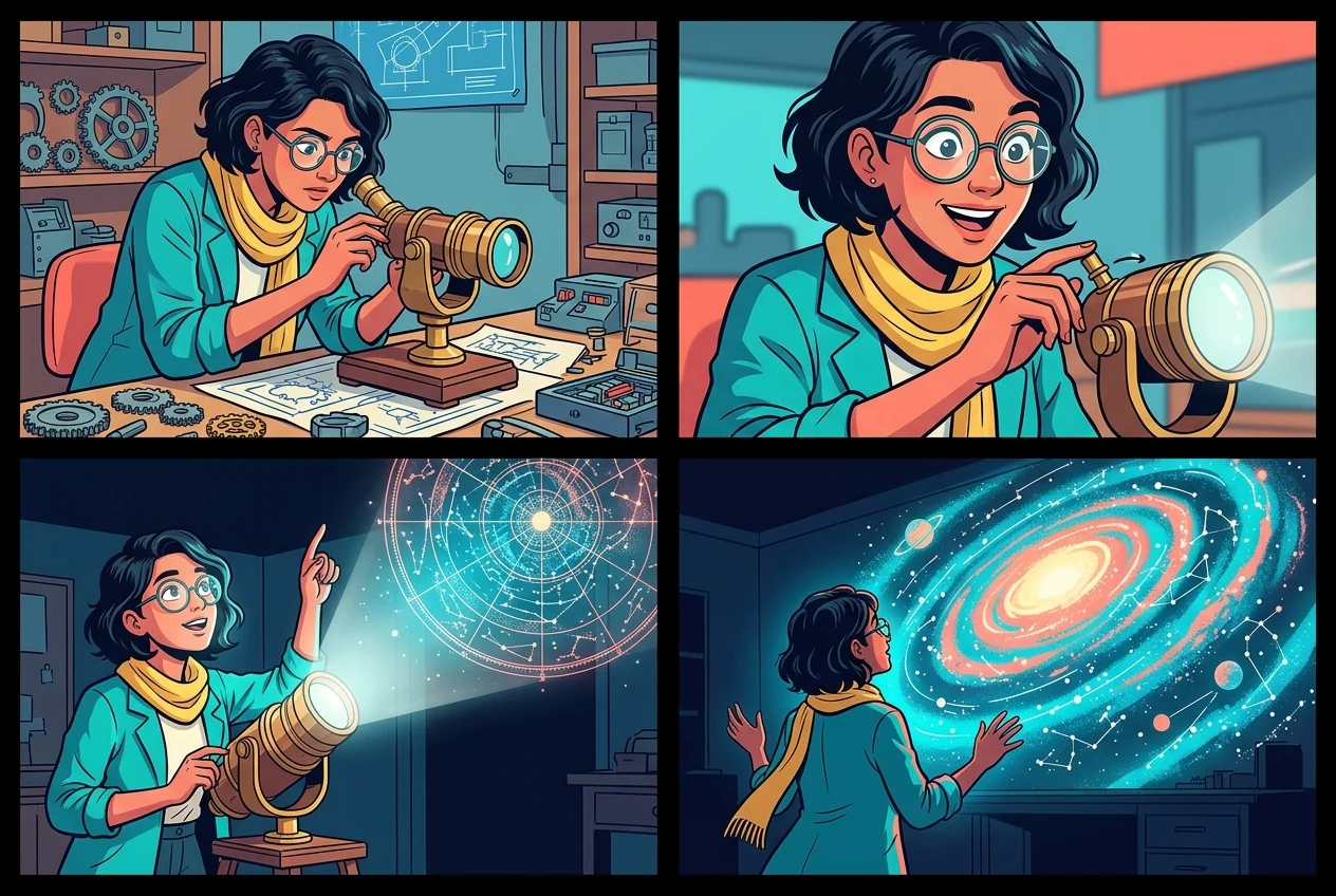 Four-panel AI comic demo with a consistent inventor character